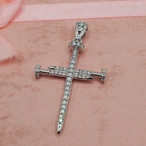 Sterling Silver 925 Rhodium Plated Nail Cross Moissanite Pendant - Picture 2 of 7